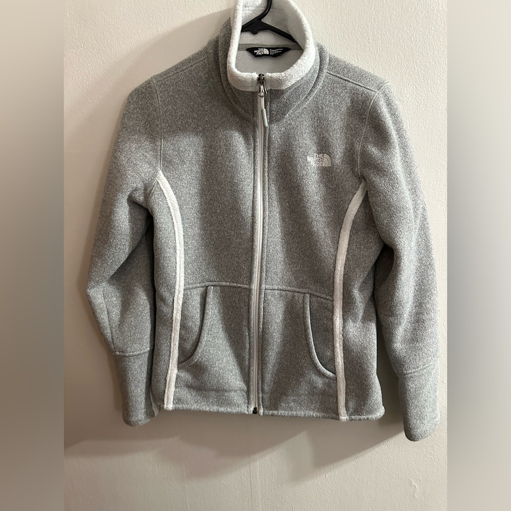 Gray and White North Face Jacket